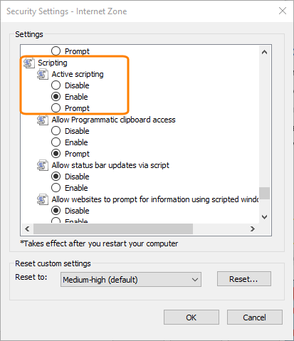 Internet Explorer settings: Active Scripting