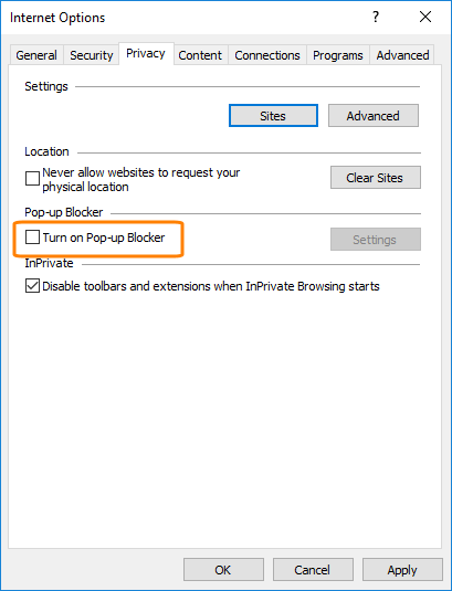 Internet Explorer settings: Pop-up Blocker