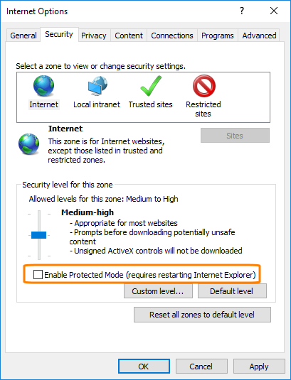 Internet Explorer settings: Protected Mode