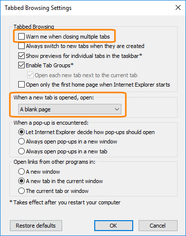 Internet Explorer settings: Tabs