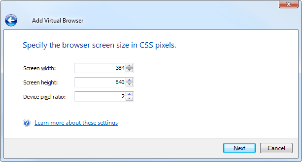 Add Virtual Browser wizard: Browser screen size and device pixel ratio