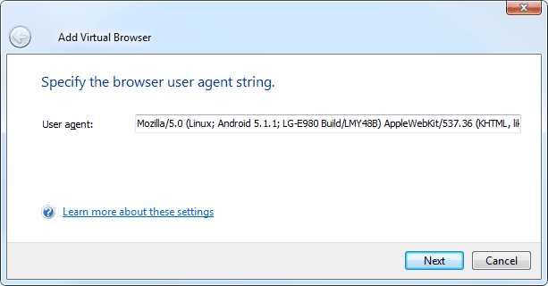 Add Virtual Browser wizard: User agent