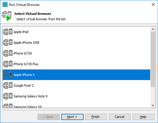 Run Virtual Browser wizard: Selecting mobile browser