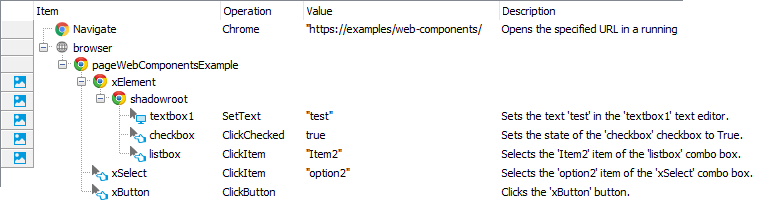 Testing web applications that use Web Components in TestComplete: Sample keyword test recorded against a web application that uses Web Components