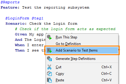 'Add Scenarios to Test Items' menu item