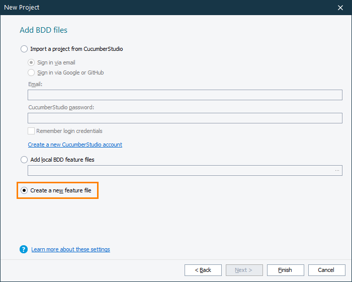 Create a new feature file from the New Project wizard