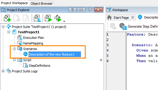 New BDD feature file in the Project Explorer