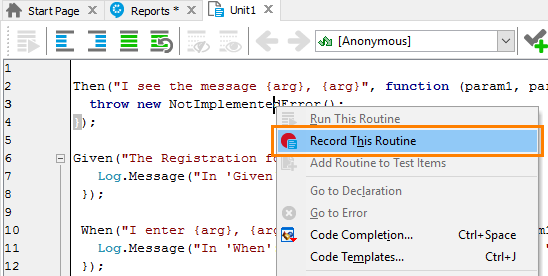 Record code for a script function