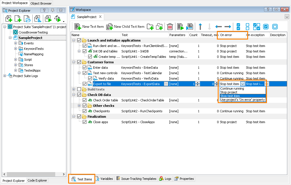 What's new in TestComplete 14.0: Set test item behavior on errors, warnings, and exceptions