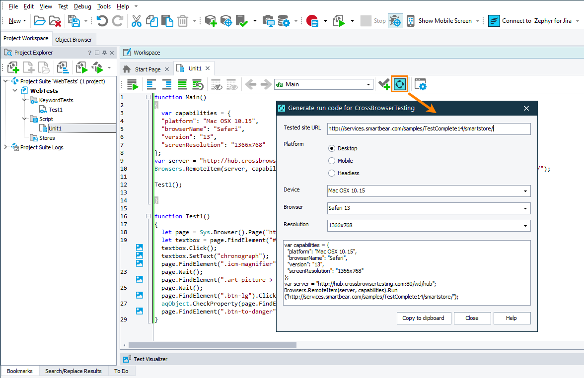 What's New in TestComplete 14.40: Generate run code for CrossBrowserTesting wizard