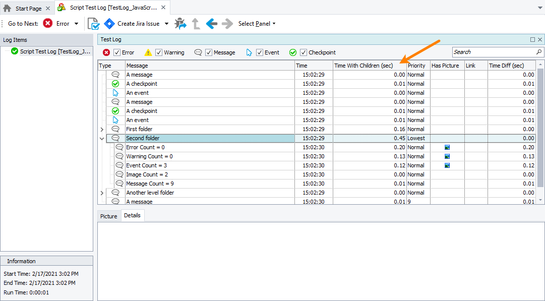What's New in TestComplete 14.74 - Time With Children column in test logs