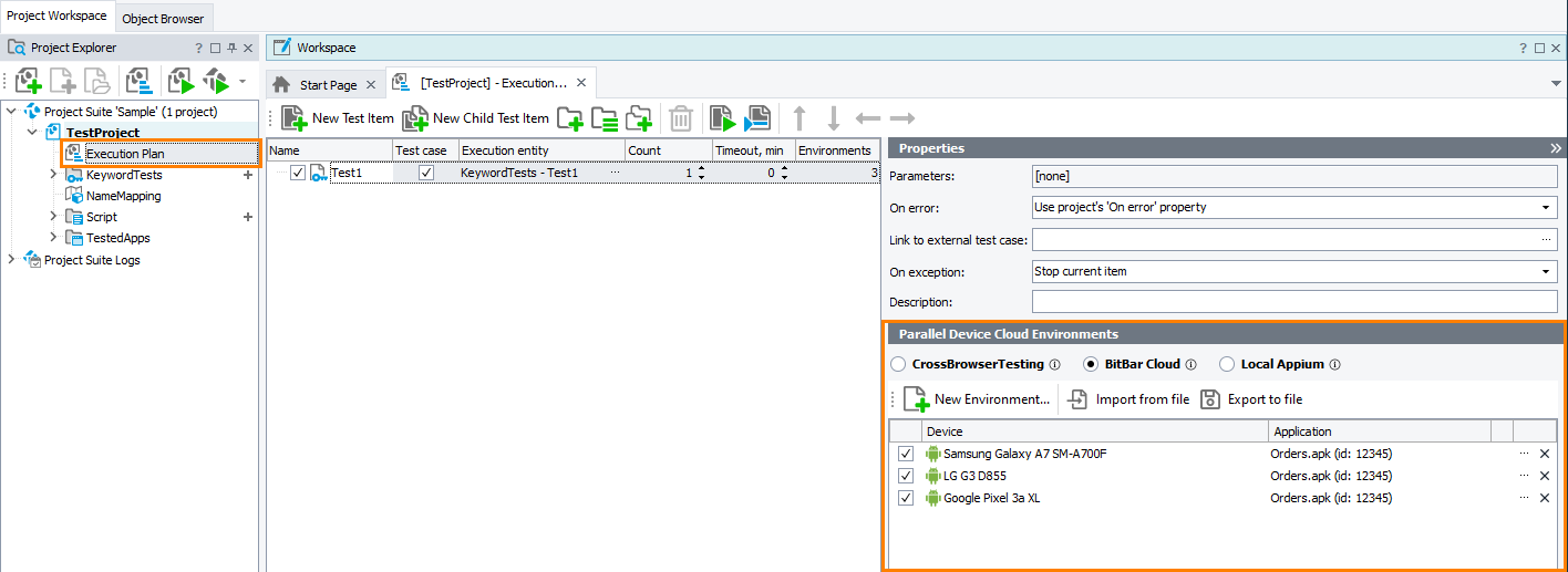 Orchestrating parallel mobile test runs via the Execution Plan editor