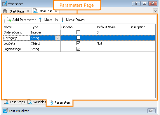 Parameters page of the Keyword Test editor