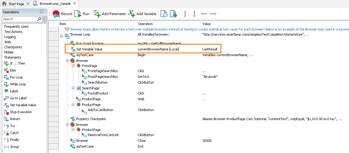 Set Variable Value operation in a keyword test in TestComplete