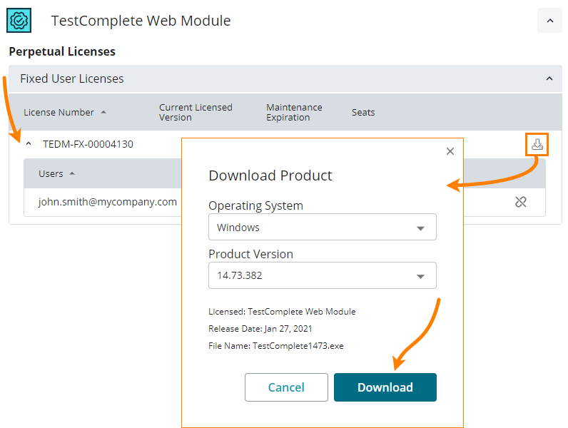 Download the TestComplete installer from the License Management