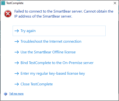 The message box 'Failed to connect to license servers'.