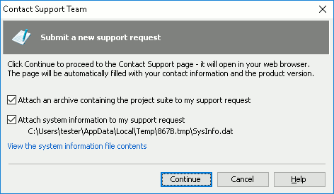 Contact Support Team dialog