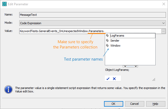 Automated testing with TestComplete: Setting operation parameters using a code expression