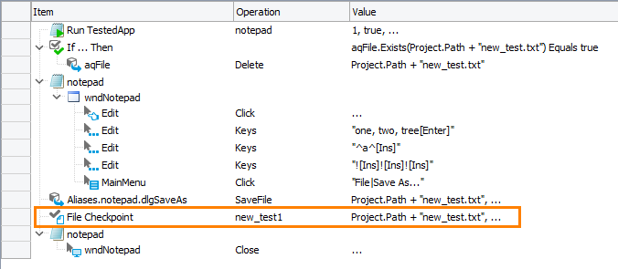 File checkpoint in a keyword test