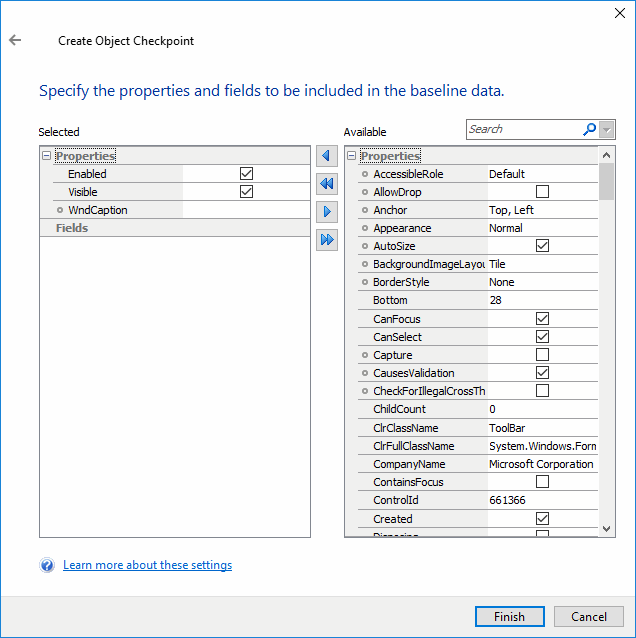 Select Properties to Store page of the Create Object Checkpoint wizard