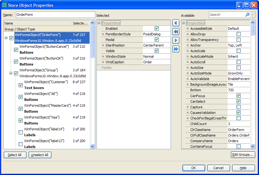 Store Object Properties dialog