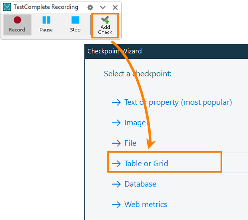 Table Checkpoint: Selecting the checkpoint type
