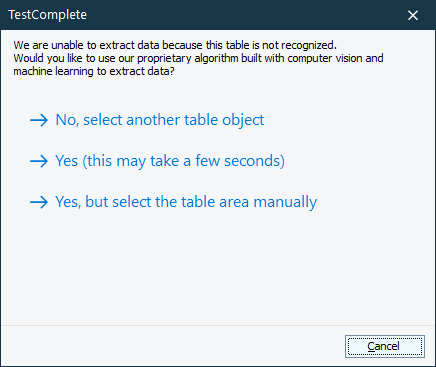 Table Checkpoints: Unable to retrieve the table data message