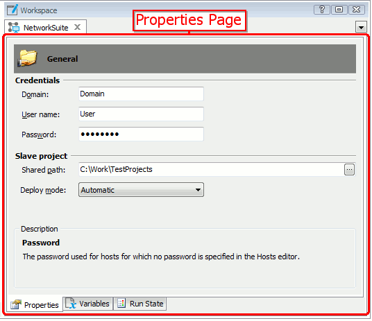 Properties page of the Network Suite editor