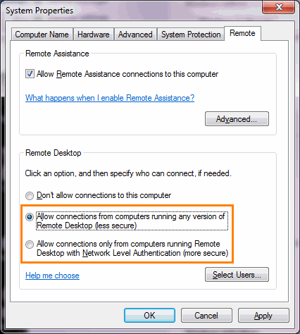 Remote desktop settings for Windows 7