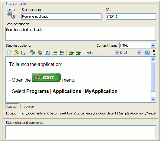 Step Contents section of the Manual Test editor