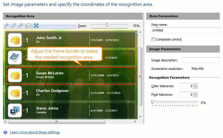 Image-Based Testing: Selecting a recognition area on the image added from a file
