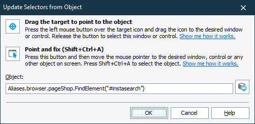 Update selectors from Object dialog