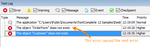 Consequent error messages in the test log