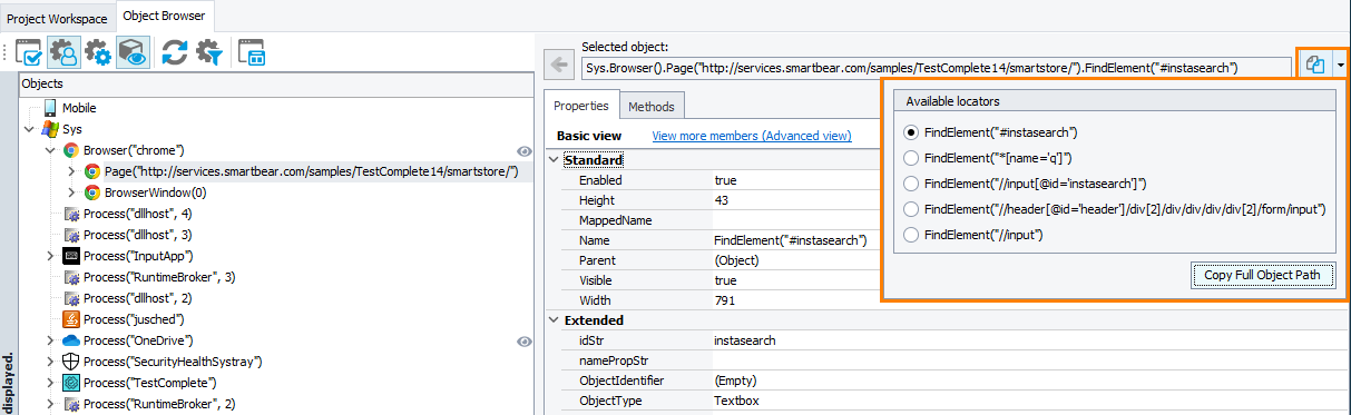 Handling the 'Unable to Find the Object' error in TestComplete: Viewing available locators in the Object Browser