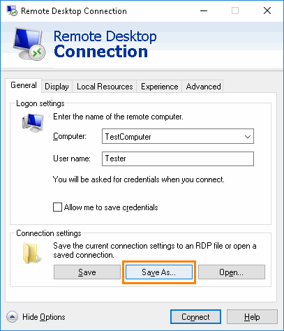 Remote Desktop Connection options