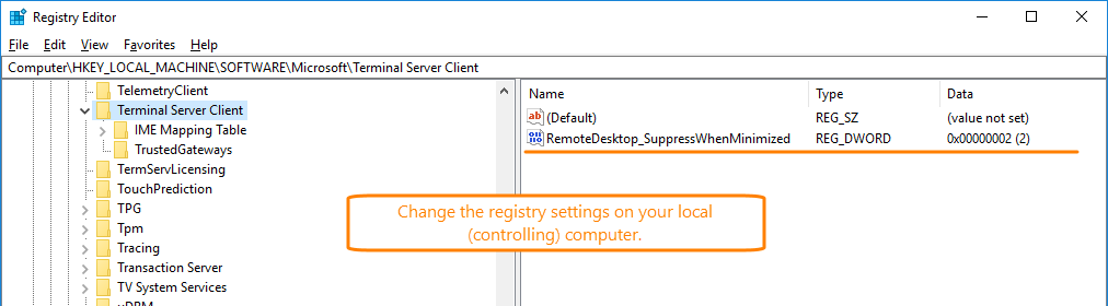 Modify the registry settings on your local (controlling computer) so that minimizing the Remote Desktop window does not affect the GUI of the controlled computer