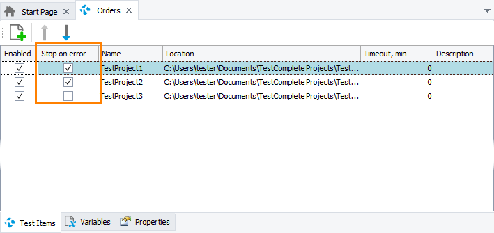 Project Suite test items' 'Stop on Error' property