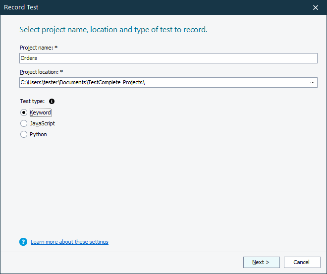 Getting Started with TestComplete: Record Test wizard