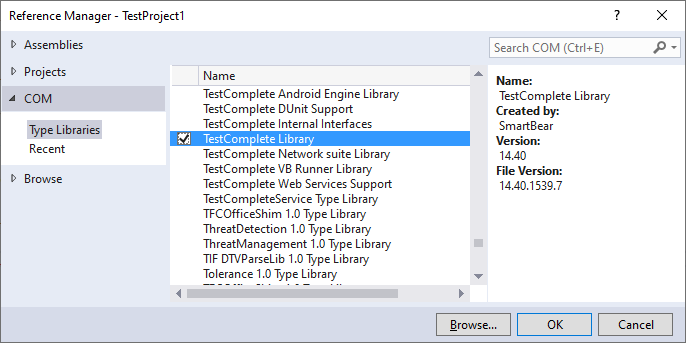 Visual Basic 6 References: Selecting the TestComplete Library reference