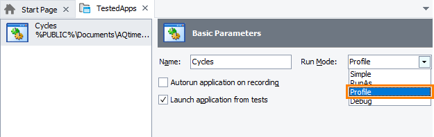 Selecting the Profile mode for a tested application
