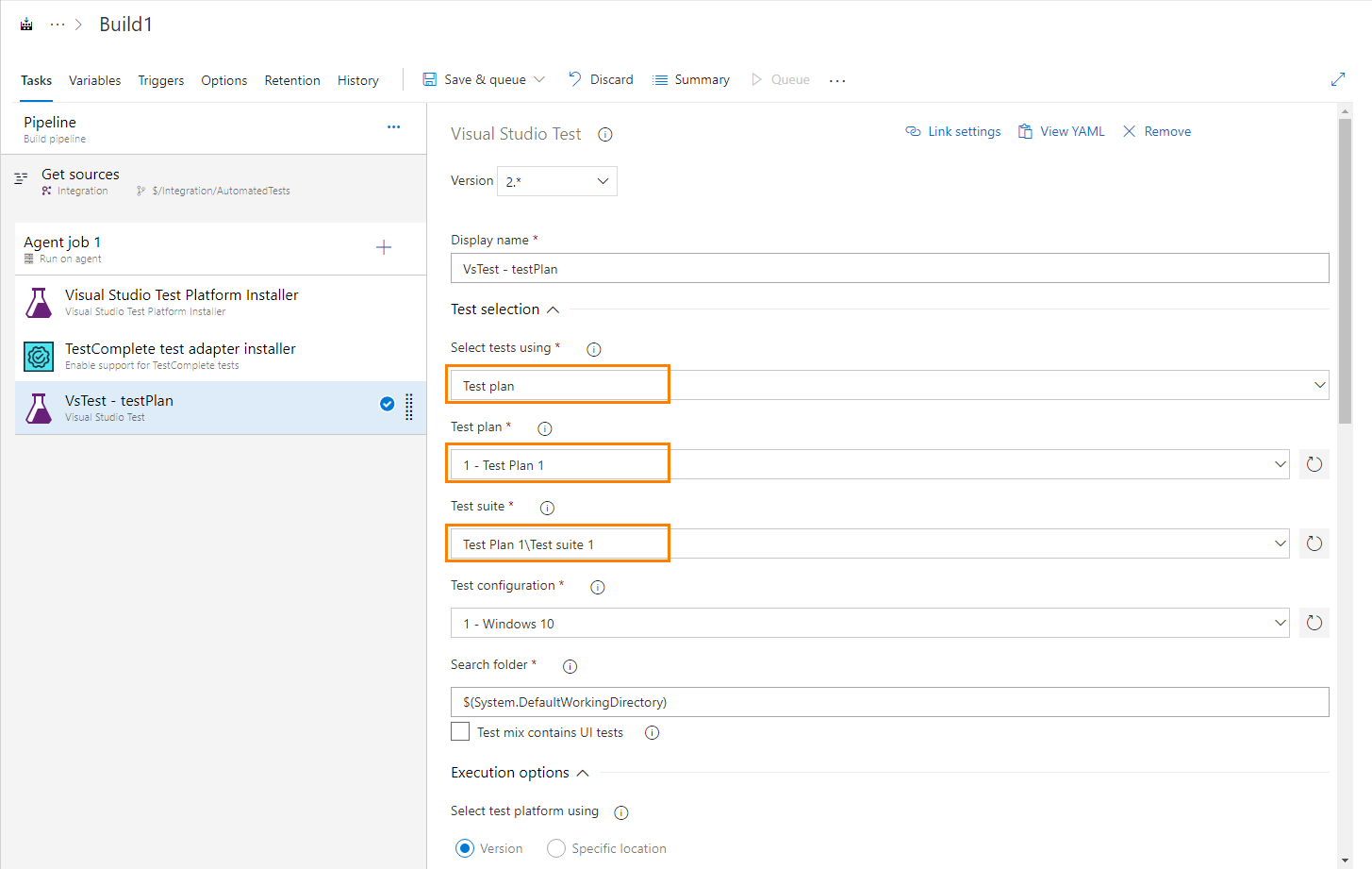 TestComplete integration with Azure DevOps: Configuring a Visual Studio Test task to run test cases to which TestComplete tests are assigned