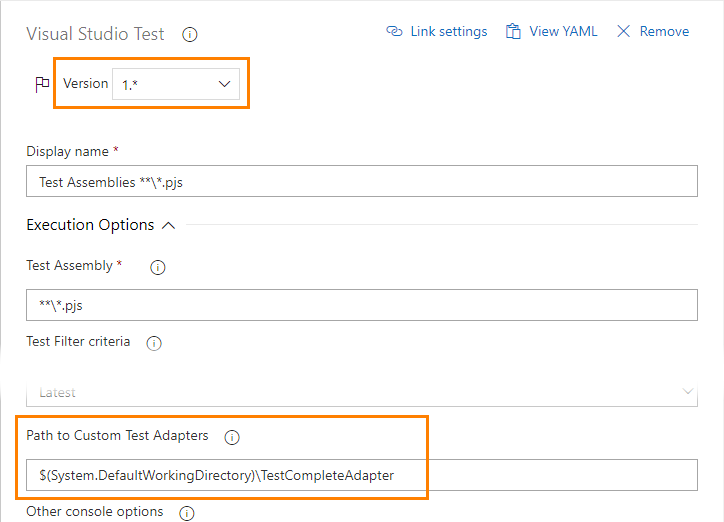 TestComplete integration with Azure DevOps: Configuring a Visual Studio Test task to use TestComplete test adapter