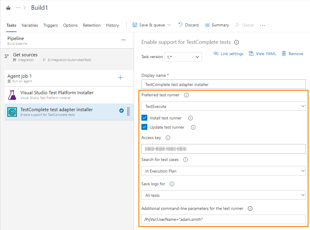 TestComplete integration with Azure DevOps: Configuring the Enable TestComplete tests task