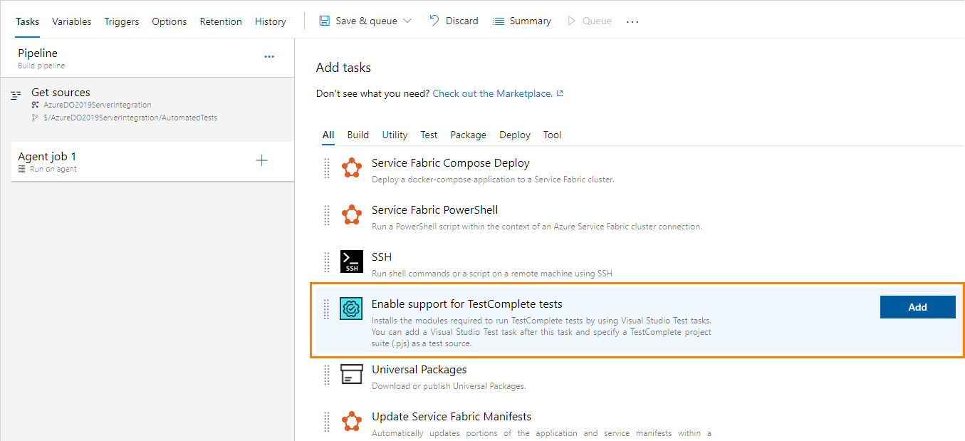 TestComplete integration with Azure DevOps: Enable TestComplete tests task is available