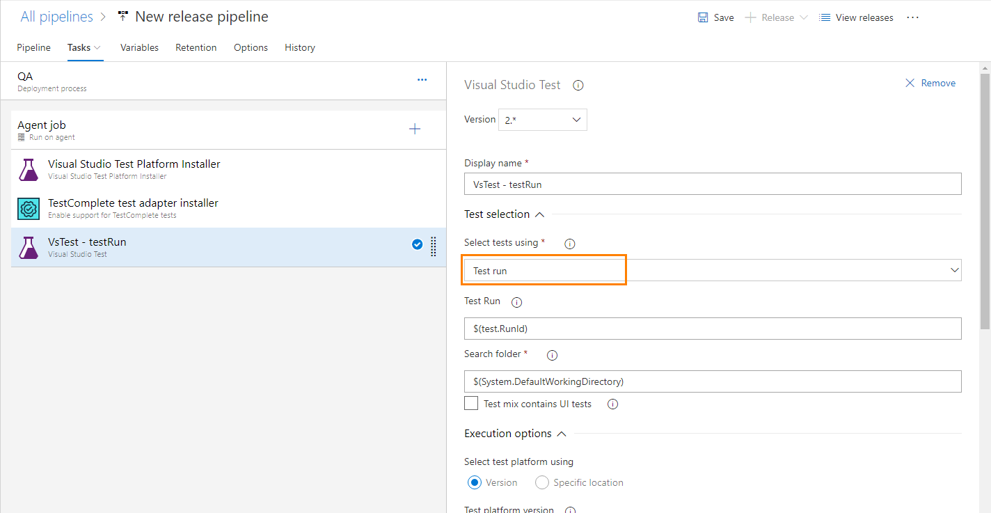 TestComplete integration with Azure DevOps: Configuring a Visual Studio Test task to run a test plan with test cases to which TestComplete tests are assigned