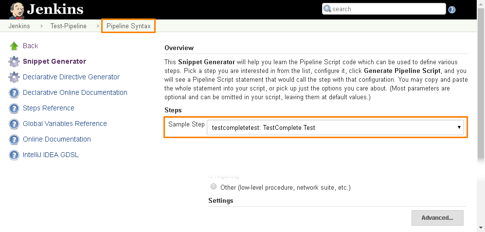 Jenkins Snippet Generator: Select the TestComplete Test step