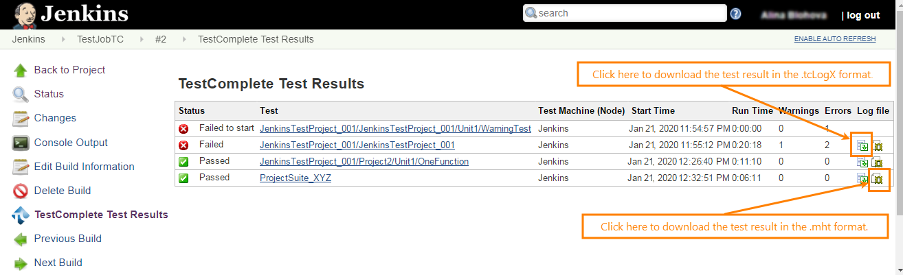 TestComplete Jenkins integration: TestComplete test results in Jenkins