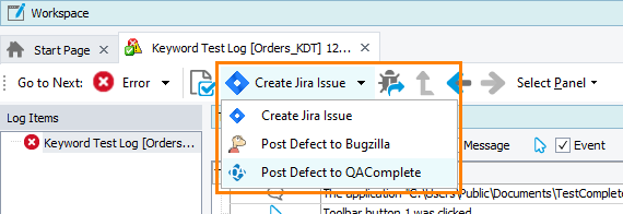 Calling the QAComplete Integration dialog