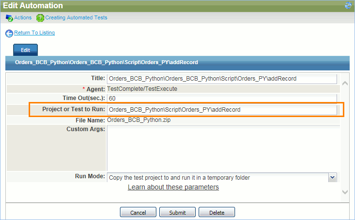 Exporting tests to QAComplete: Project or Test to Run setting in the exported test