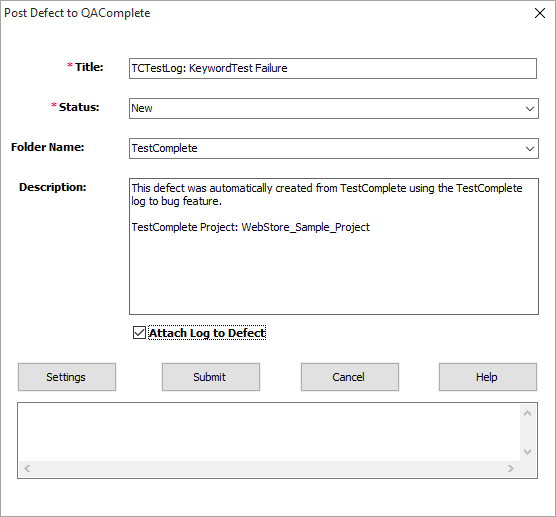 QAComplete Integration dialog - Add Defect page